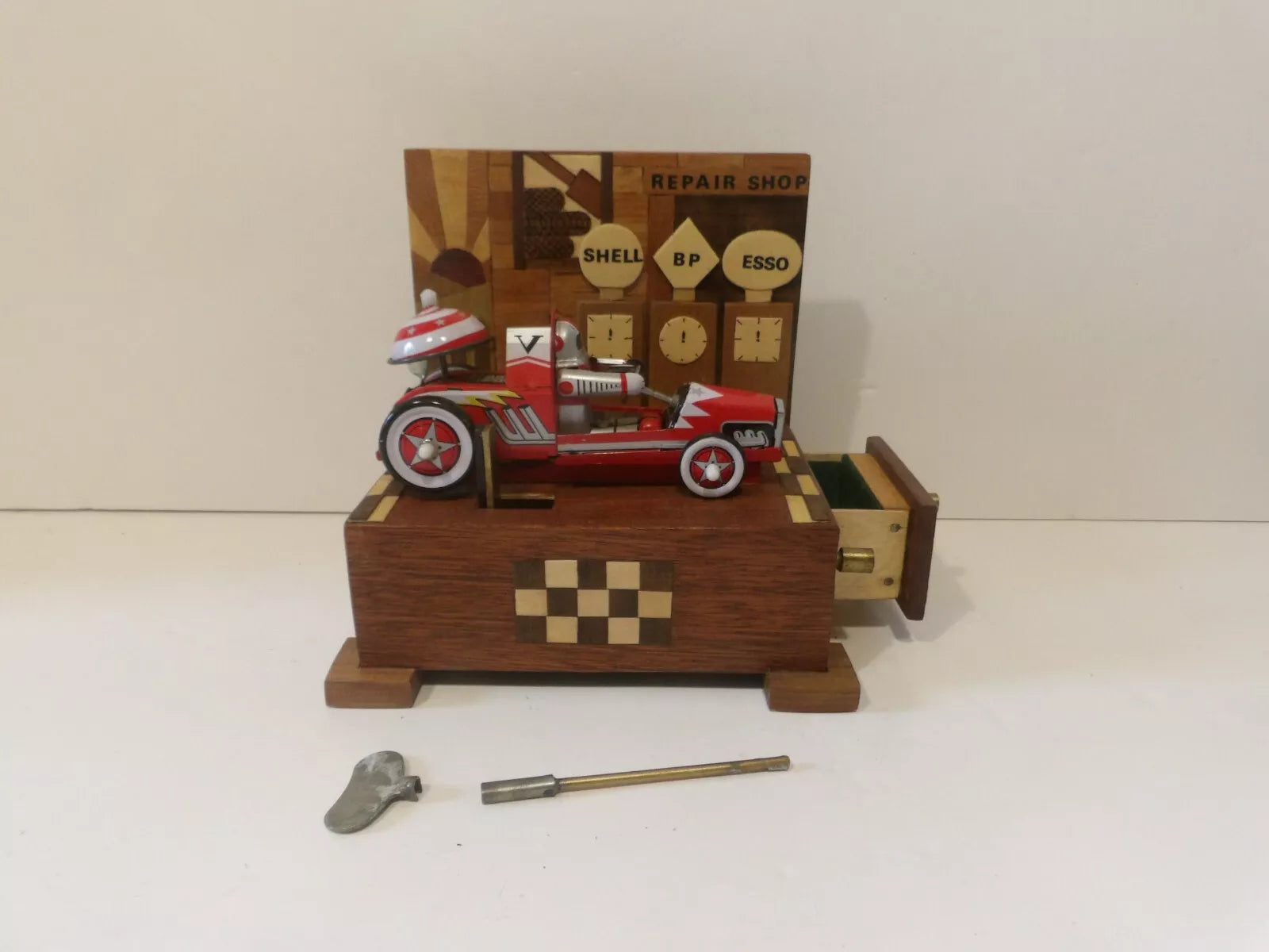 Wooden Mounted Robot Astronaut Racer Tin Toy Car Windup Red - Great Tinplate Toy image 0